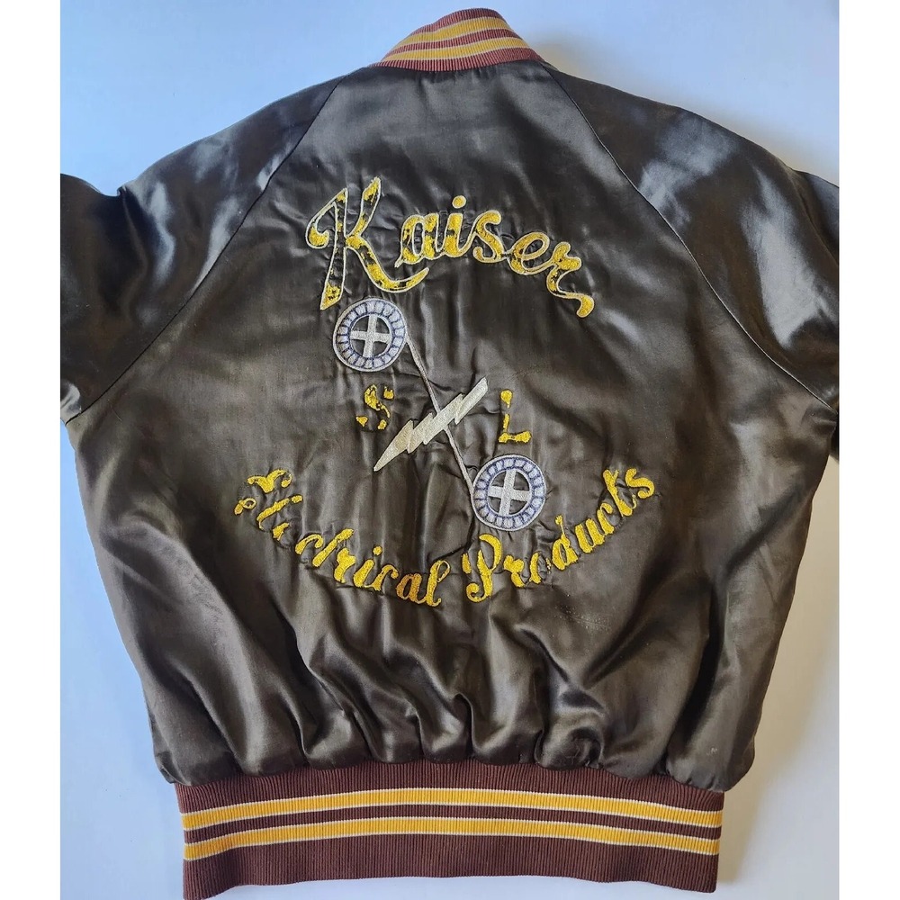 Vtg Kaiser Electric Jacket Mens M Satin Varsity Mechanics 80's Bomber Embroidery